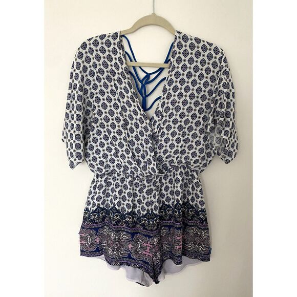 Lulus Bright Alright Ivory Blue Print Romper Surplice Bodice Open Back Sz XL - Picture 2 of 10